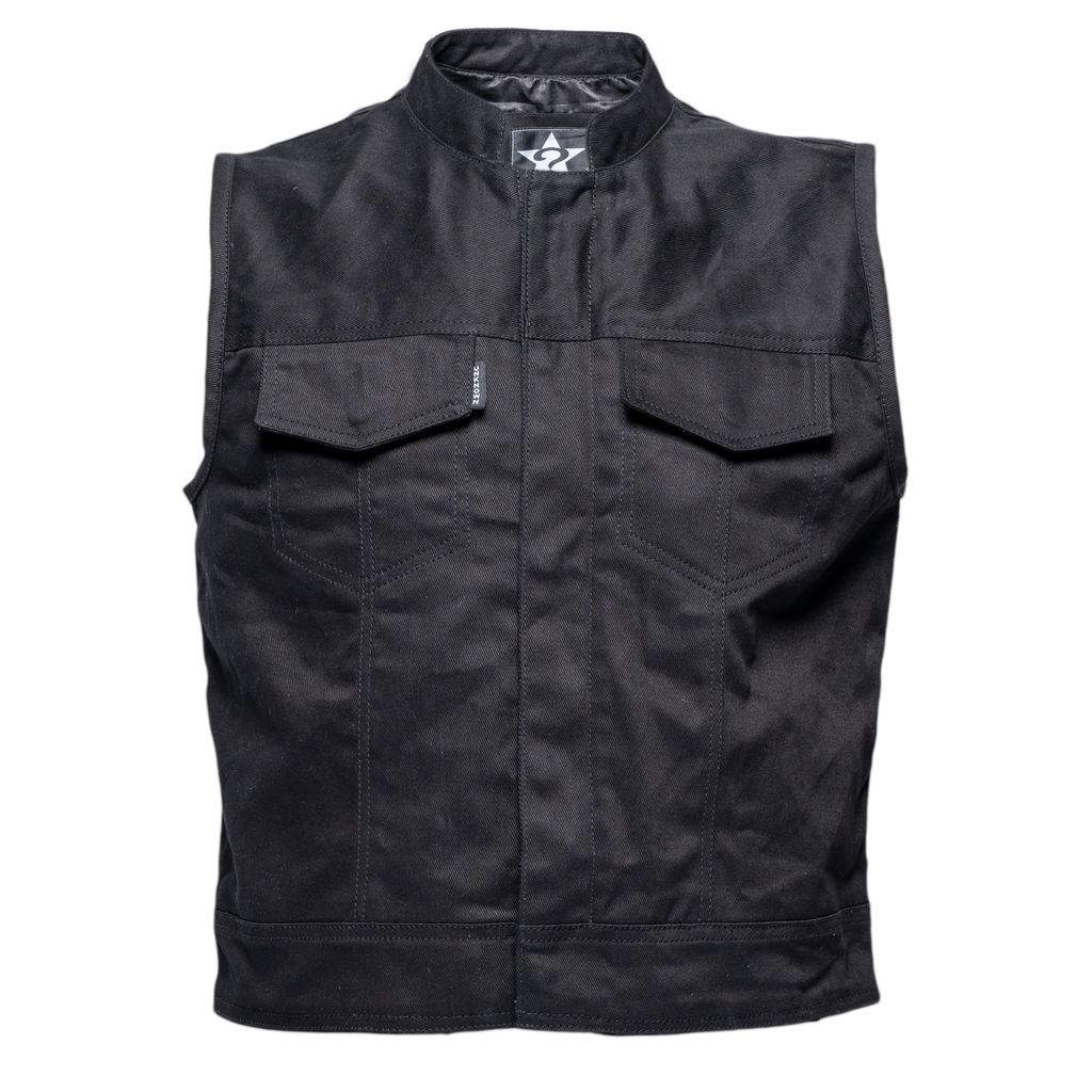 Men's Collarless Black Denim Leather Motorcycle Vest